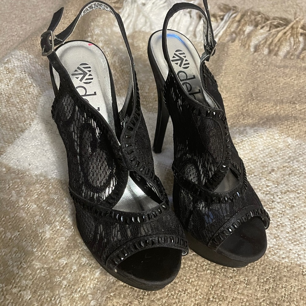 Deb black lace heels size 8